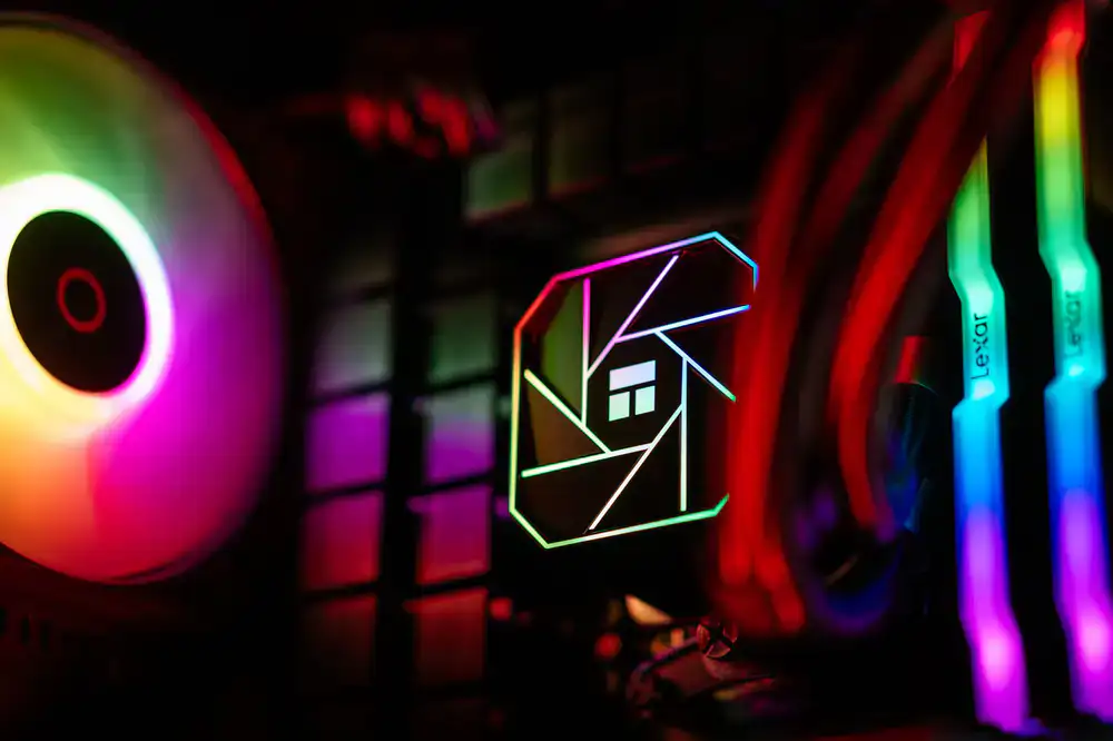 Close up of rigid water cooling tubes and glowing coolant